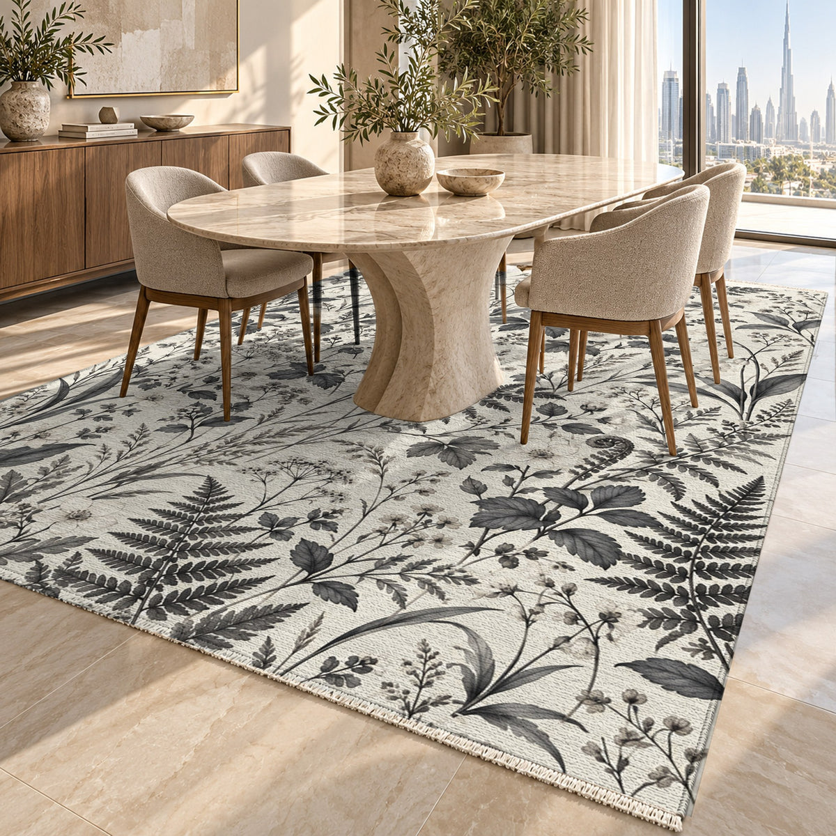 Wildflower Clearing Charcoal Floral Washable Rug — dubai dining