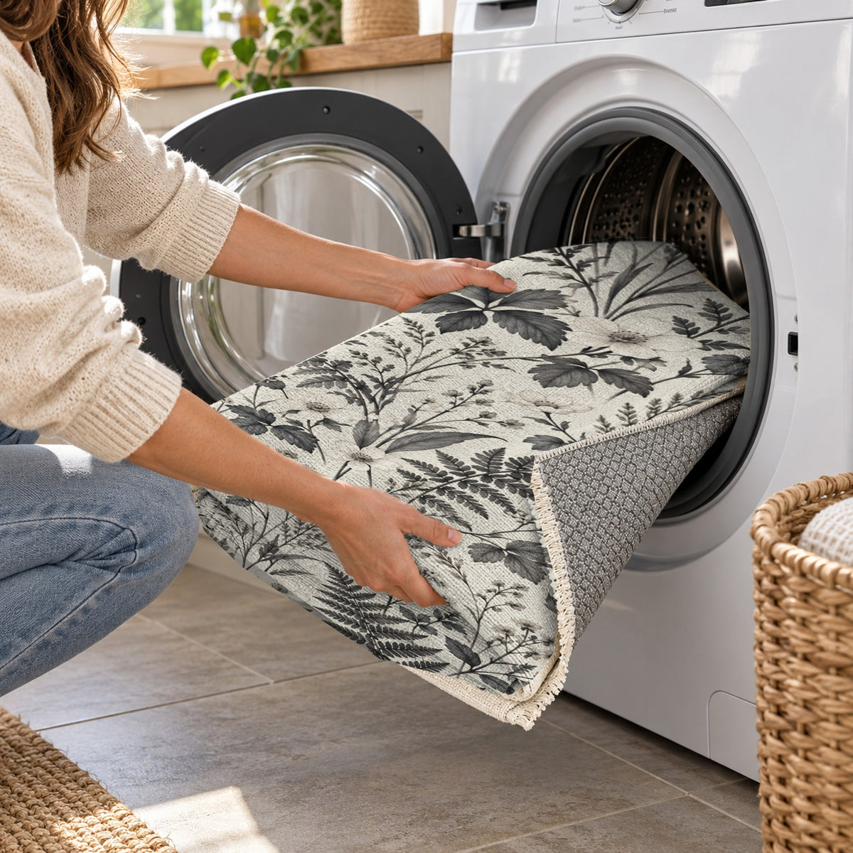 Wildflower Clearing Charcoal Floral Washable Rug — washing machine