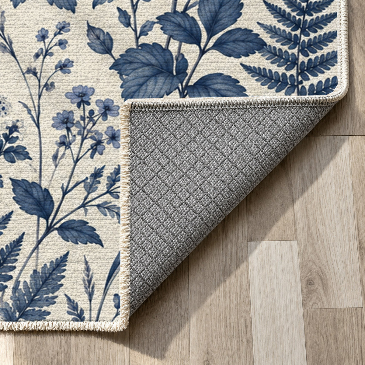 Wildflower Clearing Indigo Floral Washable Rug — backing close up