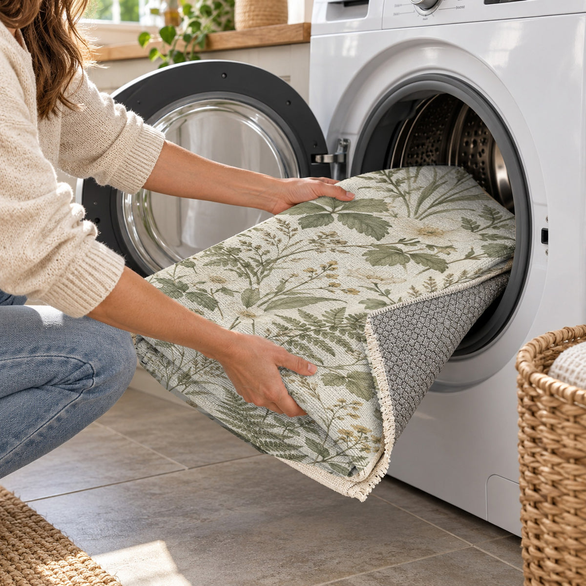 Wildflower Clearing Sage Floral Washable Rug — washing machine