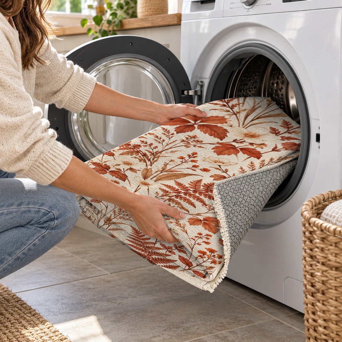 Wildflower Clearing Terracotta Floral Washable Rug — washing machine