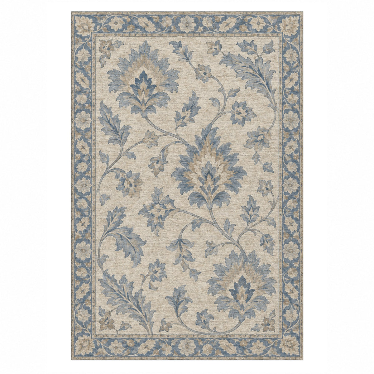 Willow Palmettes Blue Ivory Classic Washable Rug — top view