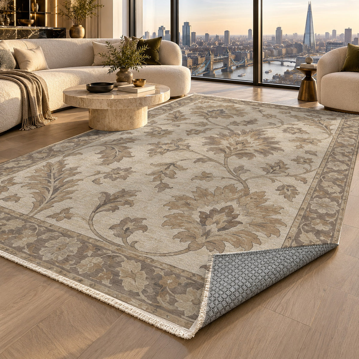 Willow Palmettes Ivory Taupe Classic Washable Rug — london luxury living