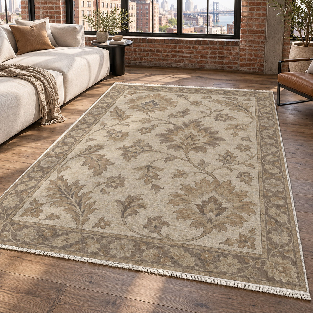Willow Palmettes Ivory Taupe Classic Washable Rug — new york living