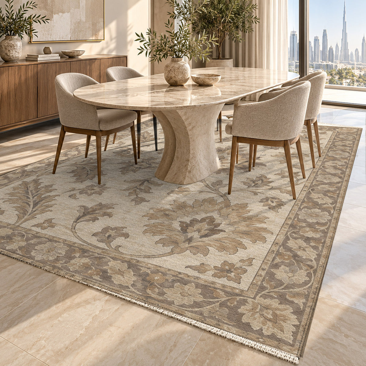 Willow Palmettes Ivory Taupe Classic Washable Rug — dubai dining