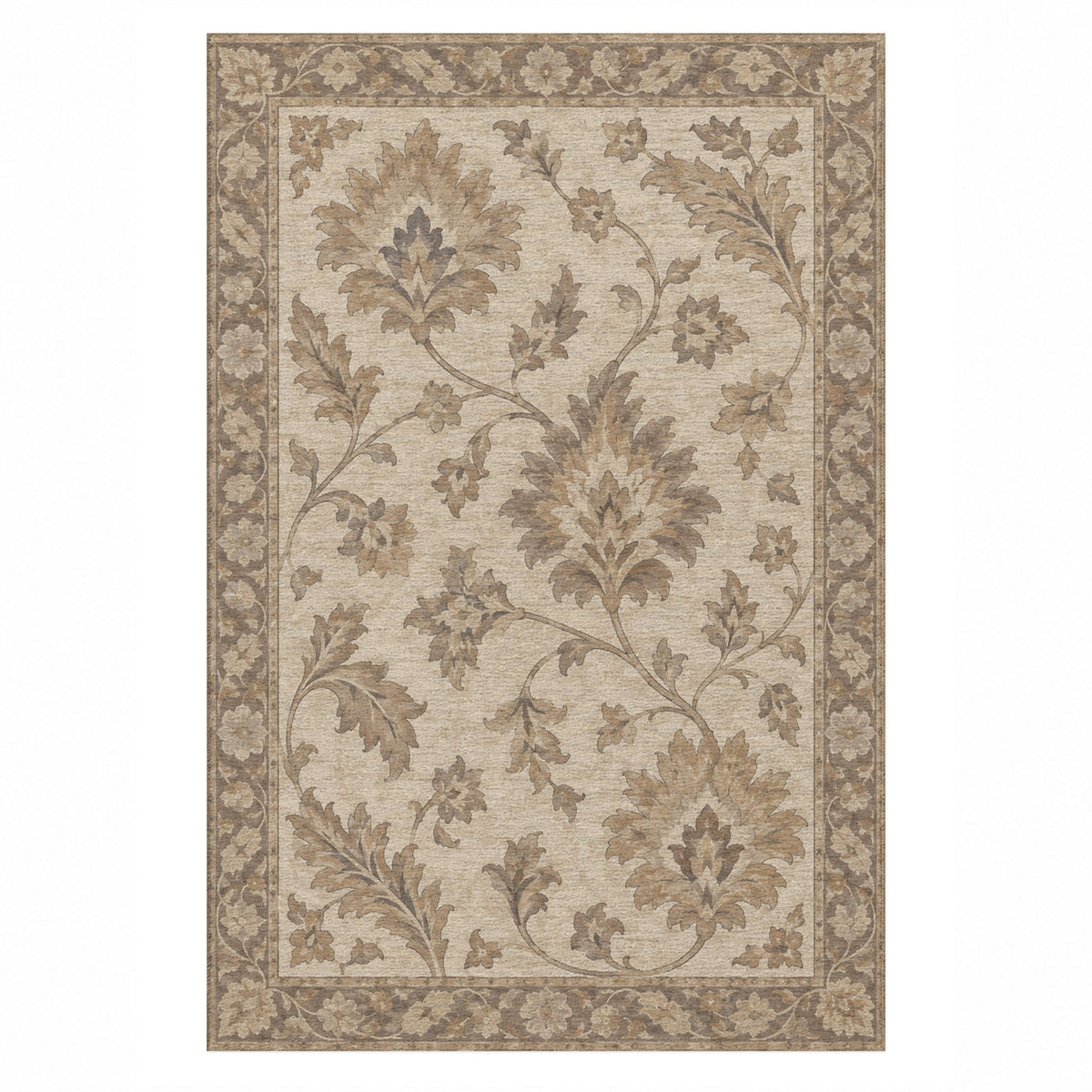 Willow Palmettes Ivory Taupe Classic Washable Rug — top view