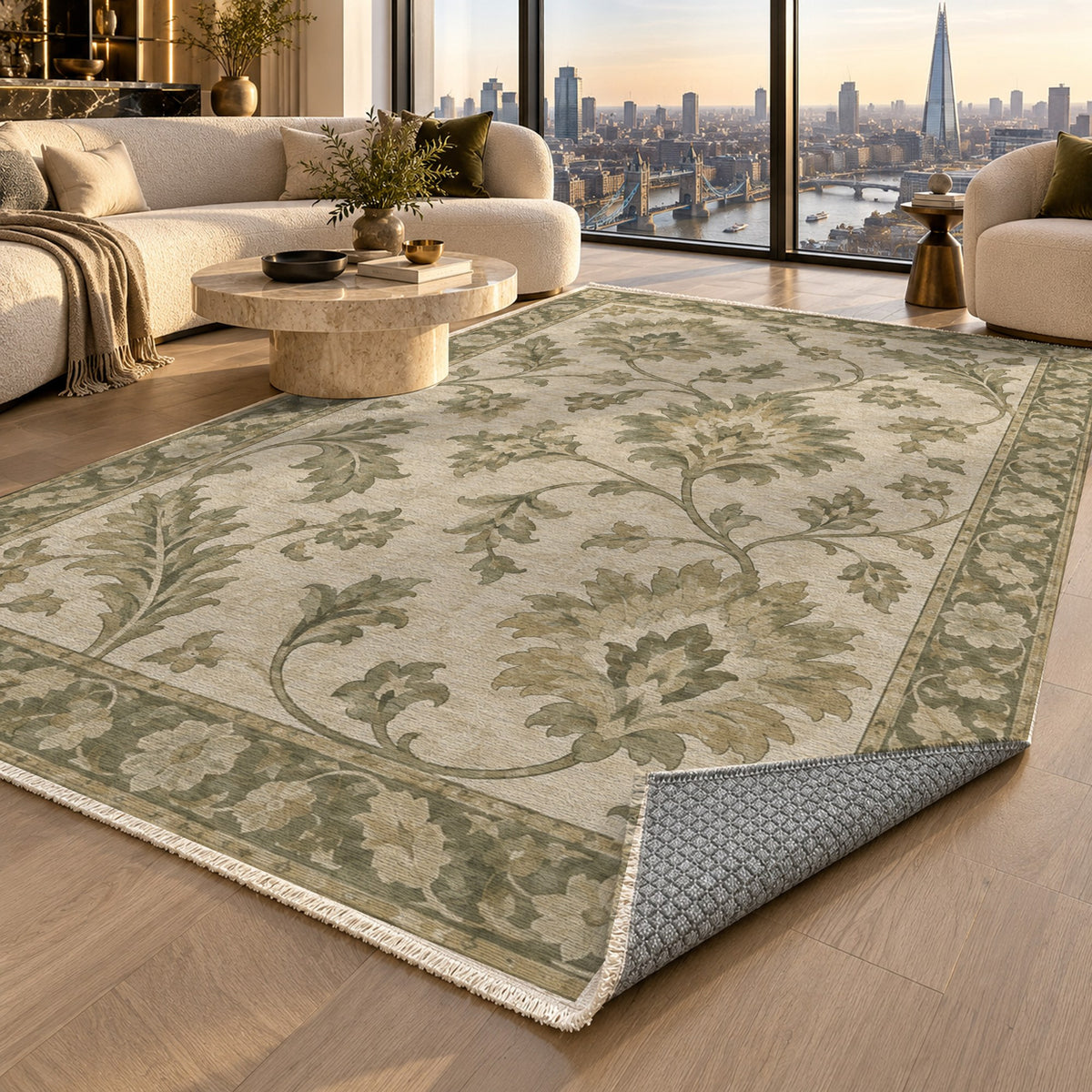 Willow Palmettes Sage Cream Classic Washable Rug — london luxury living