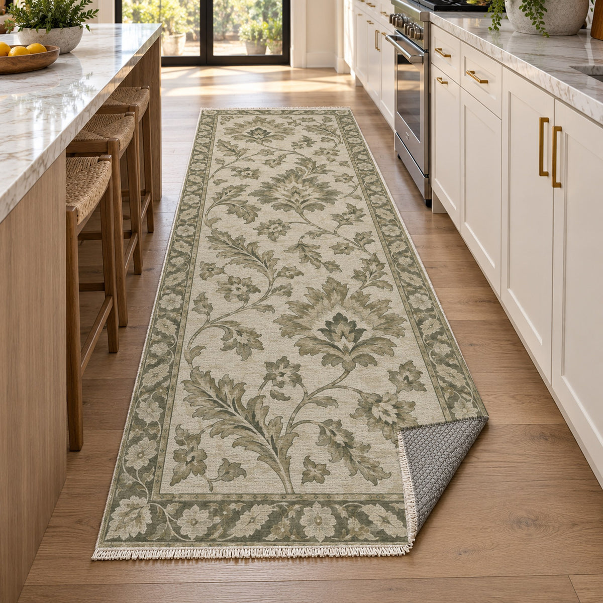 Willow Palmettes Sage Cream Classic Washable Rug — new york kitchen runner