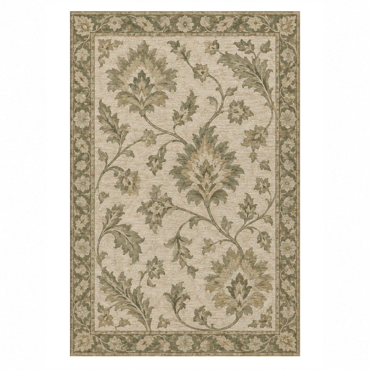 Willow Palmettes Sage Cream Classic Washable Rug — top view