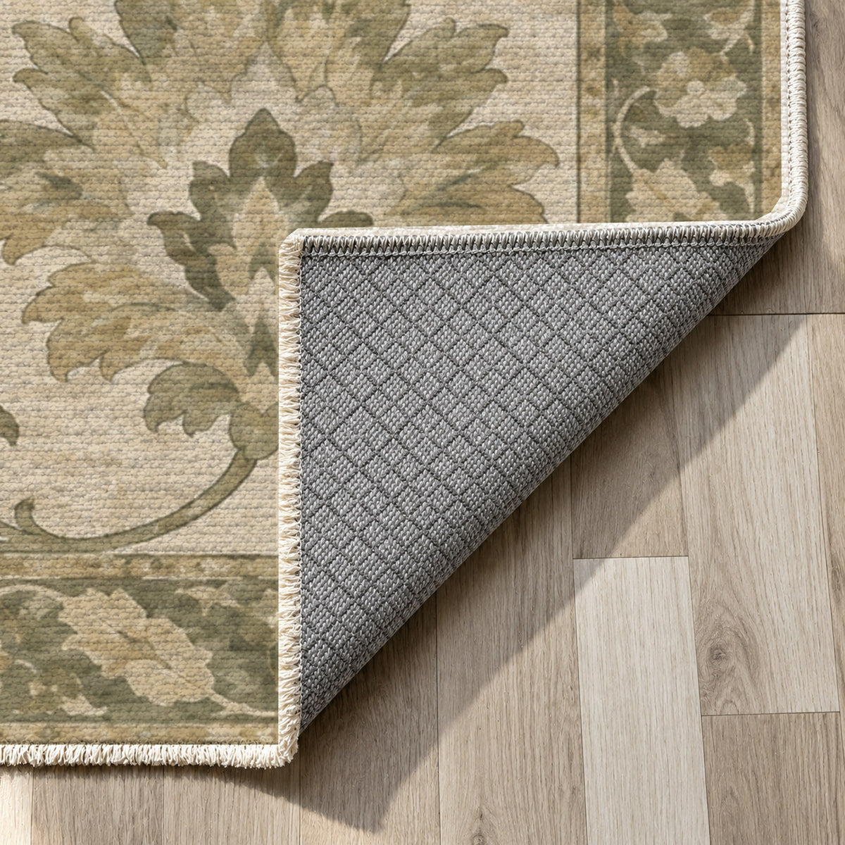 Willow Palmettes Sage Cream Classic Washable Rug — backing close up