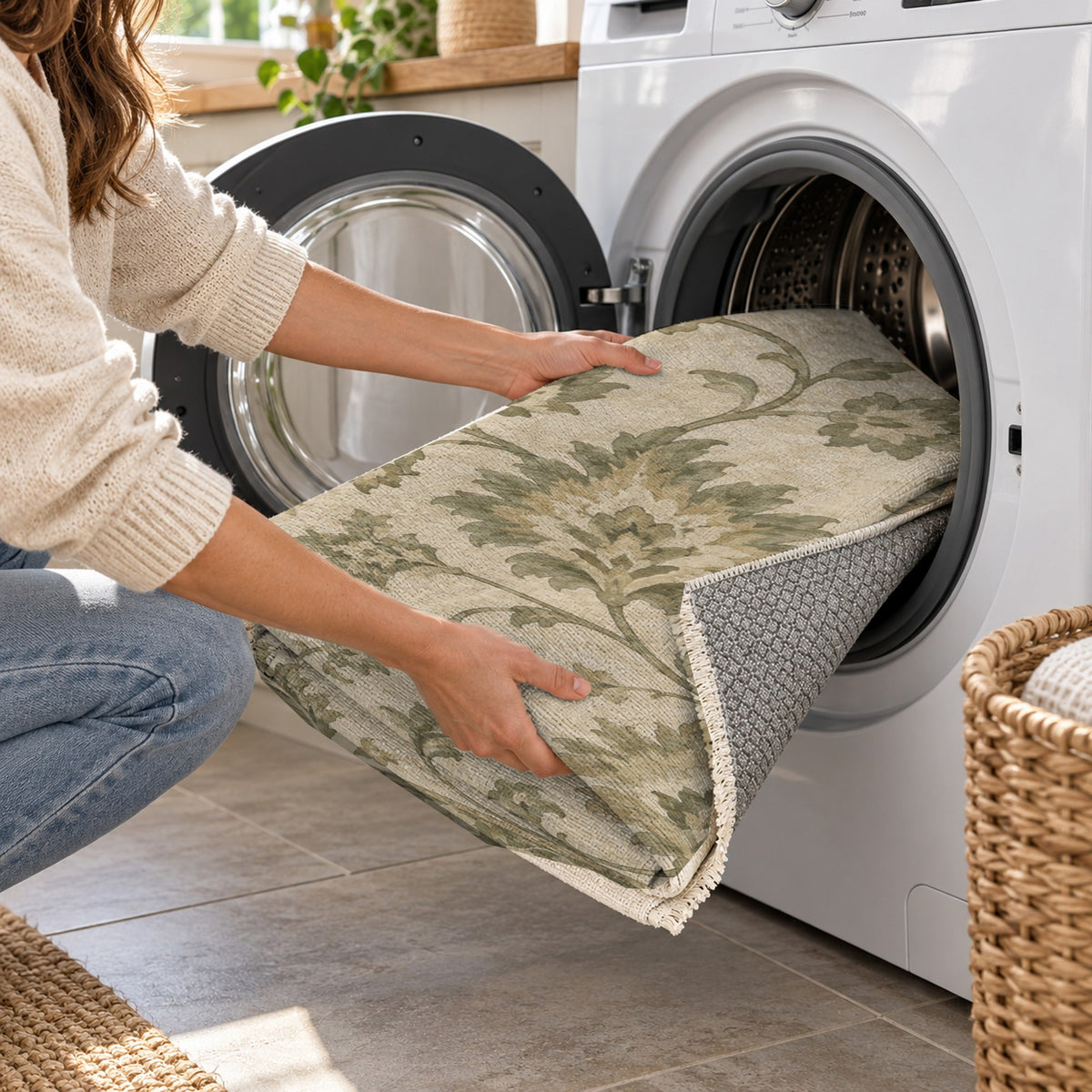 Willow Palmettes Sage Cream Classic Washable Rug — washing machine
