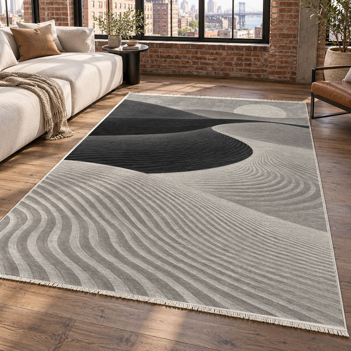 Wind Lines Charcoal Modern Washable Rug — new york living