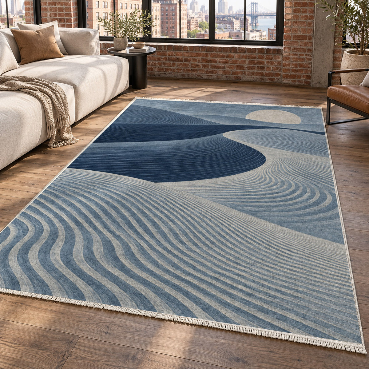 Wind Lines Indigo Modern Washable Rug — new york living