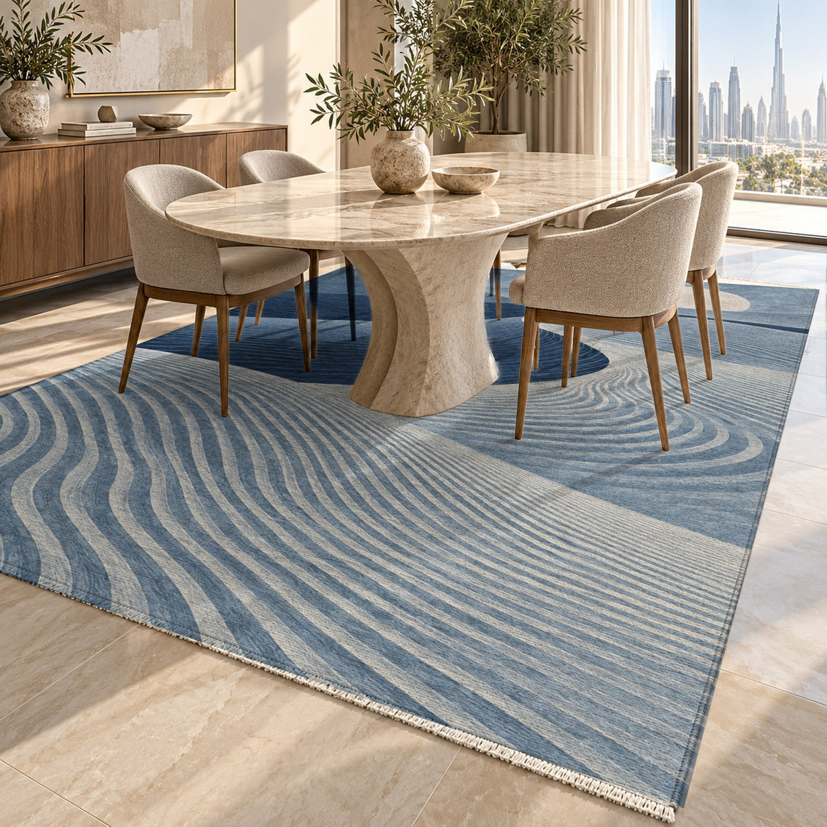 Wind Lines Indigo Modern Washable Rug — dubai dining