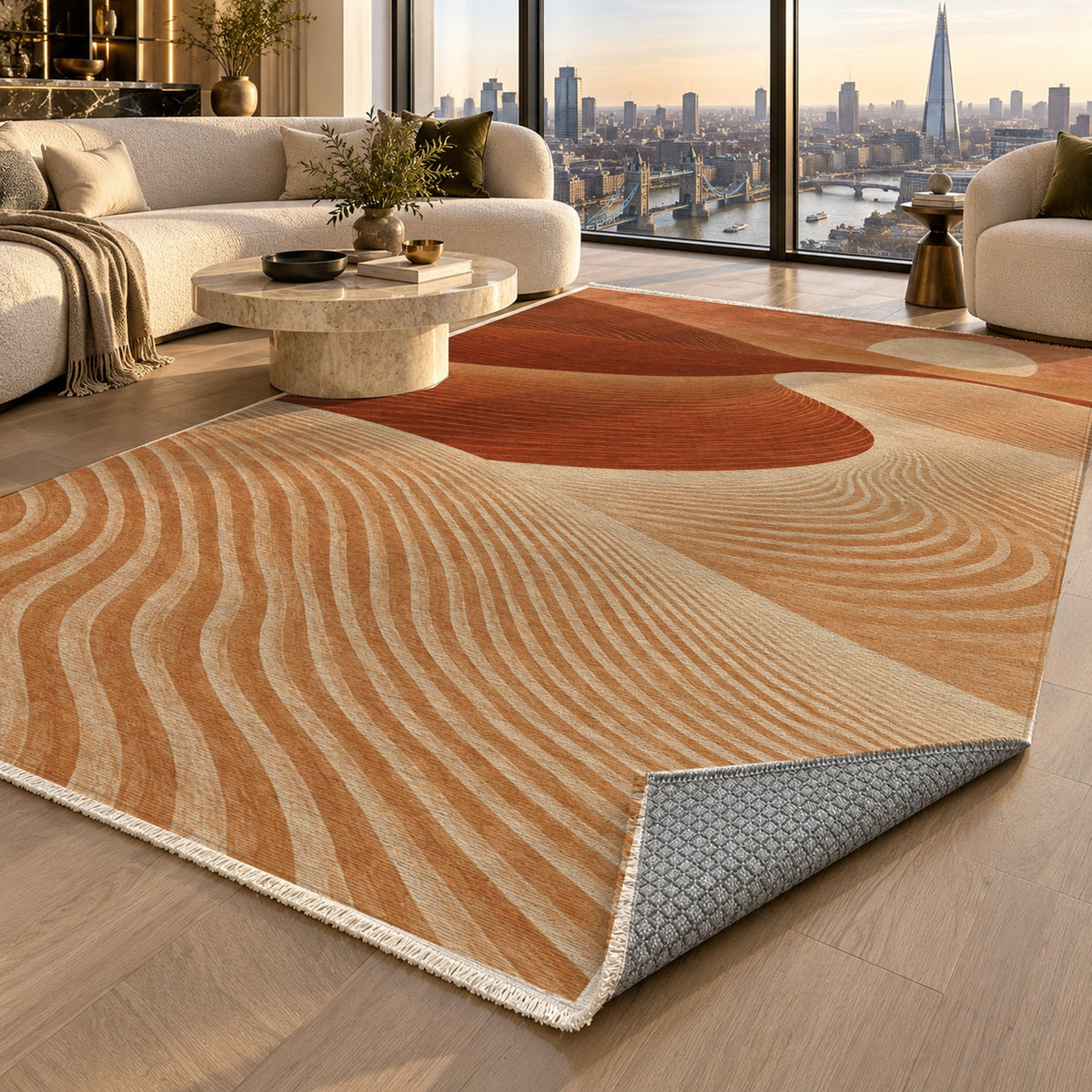 Wind Lines Terracotta Modern Washable Rug — london luxury living