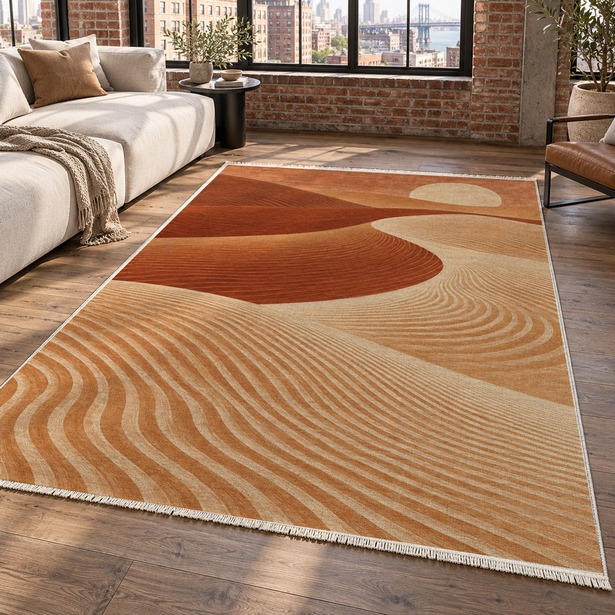 Wind Lines Terracotta Modern Washable Rug — new york living