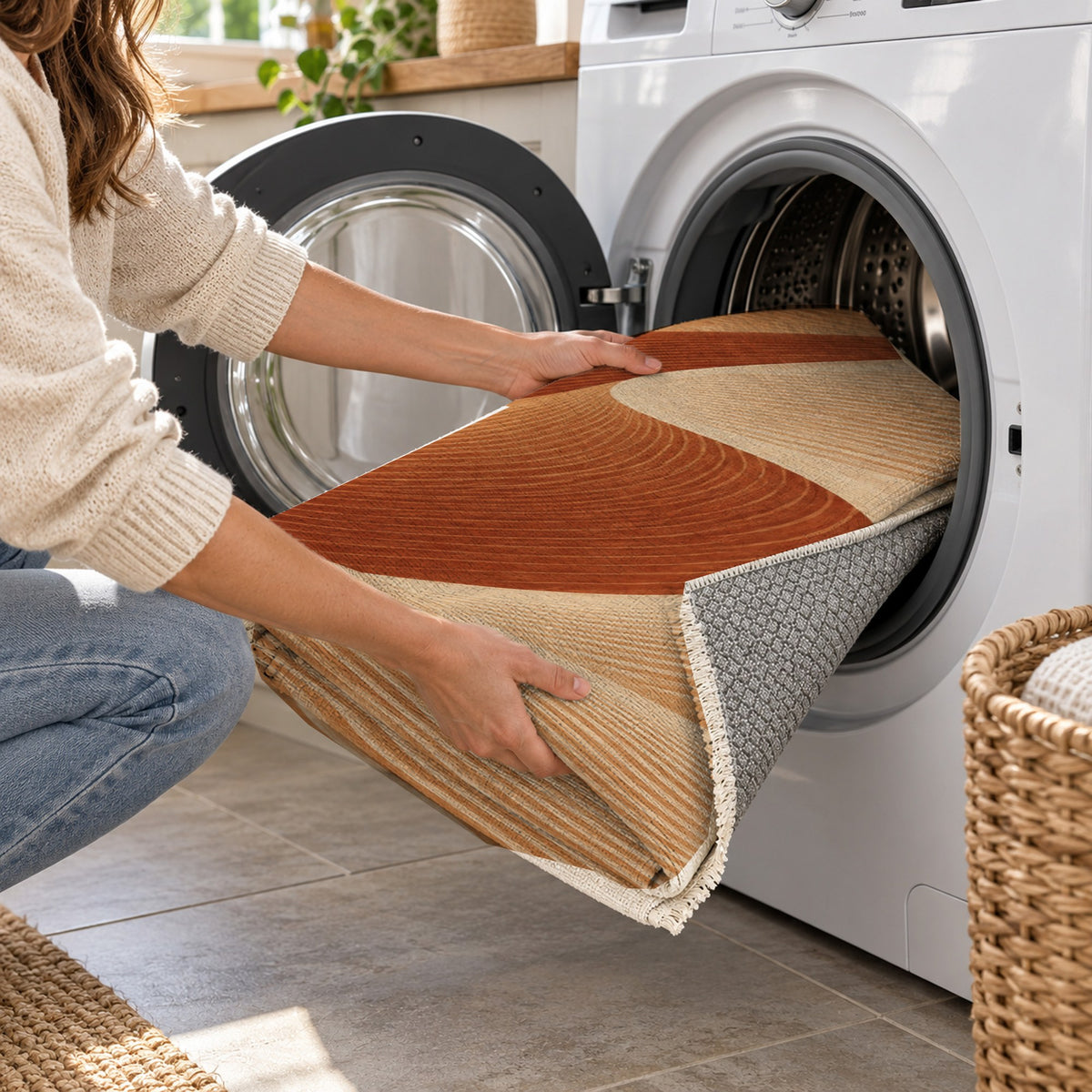 Wind Lines Terracotta Modern Washable Rug — washing machine