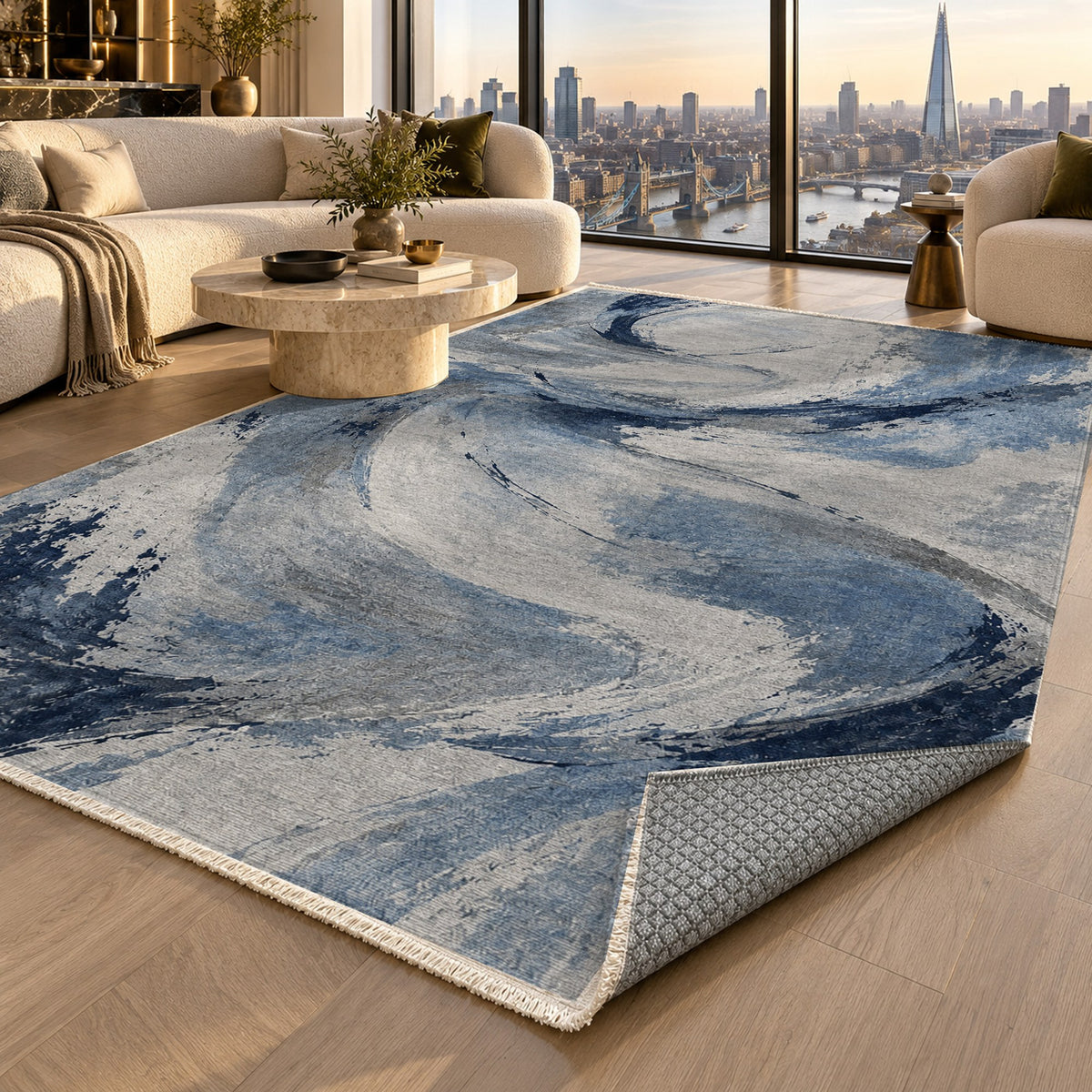 Wind Script Blue Grey Abstract Washable Rug — london luxury living