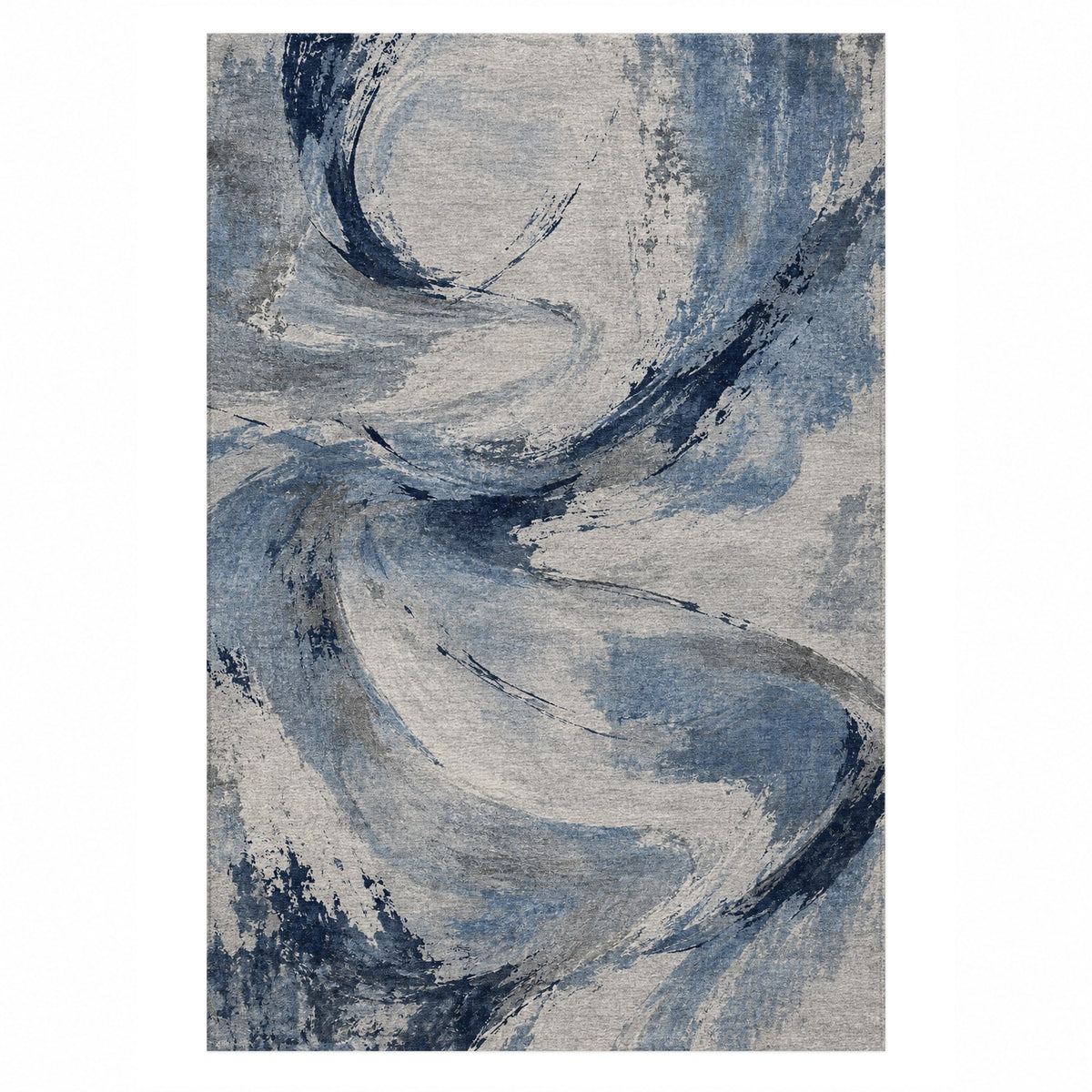 Wind Script Blue Grey Abstract Washable Rug — top view