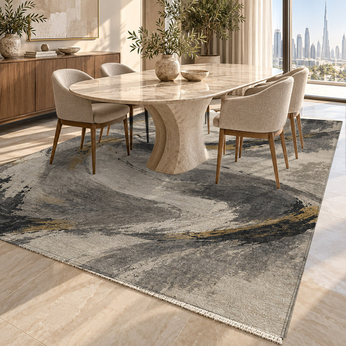 Wind Script Charcoal Gold Abstract Washable Rug — dubai dining