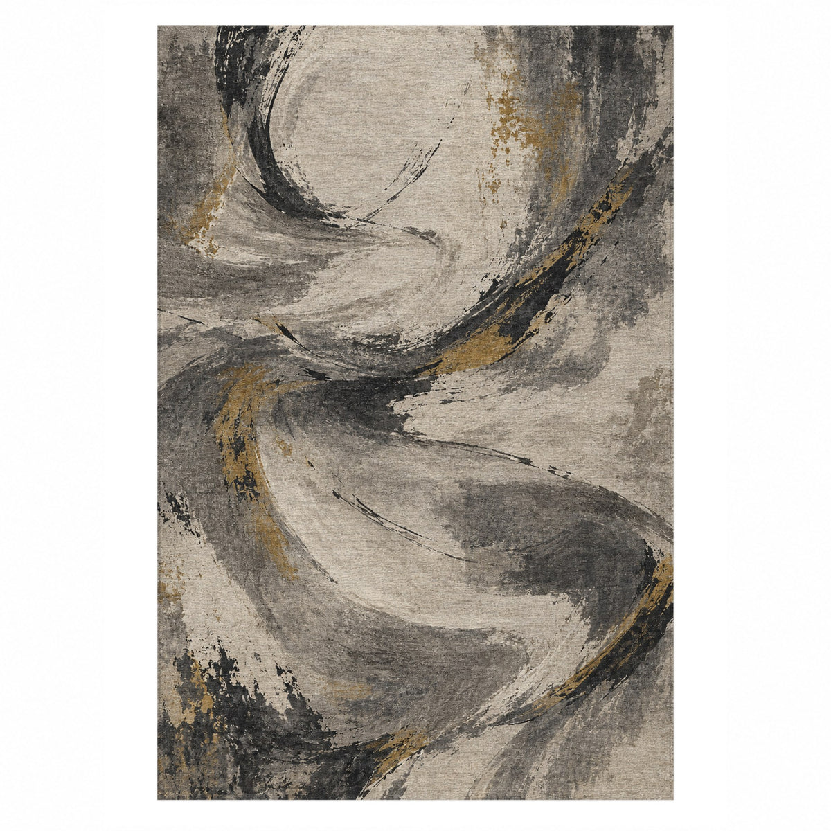 Wind Script Charcoal Gold Abstract Washable Rug — top view
