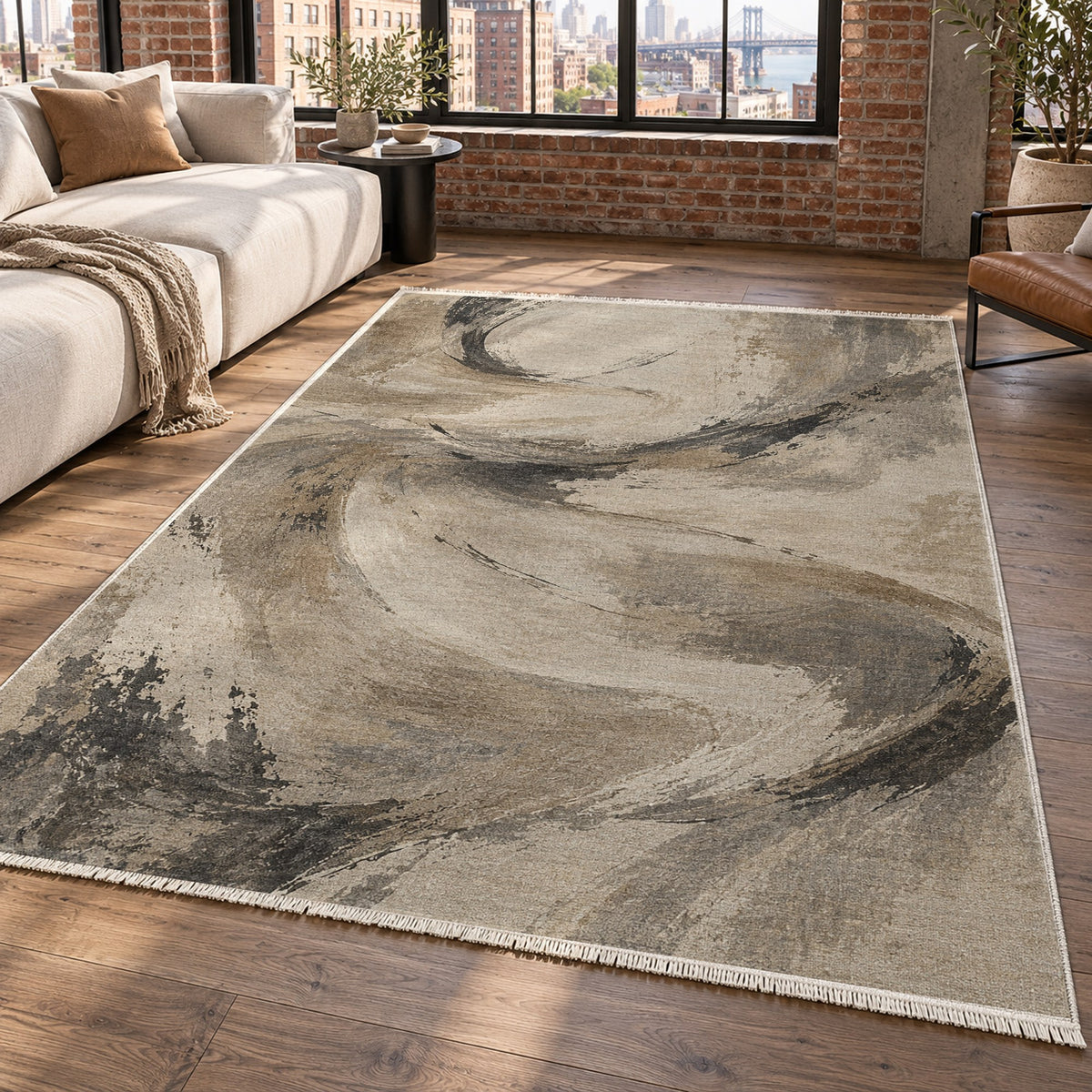 Wind Script Ivory Taupe Abstract Washable Rug — new york living
