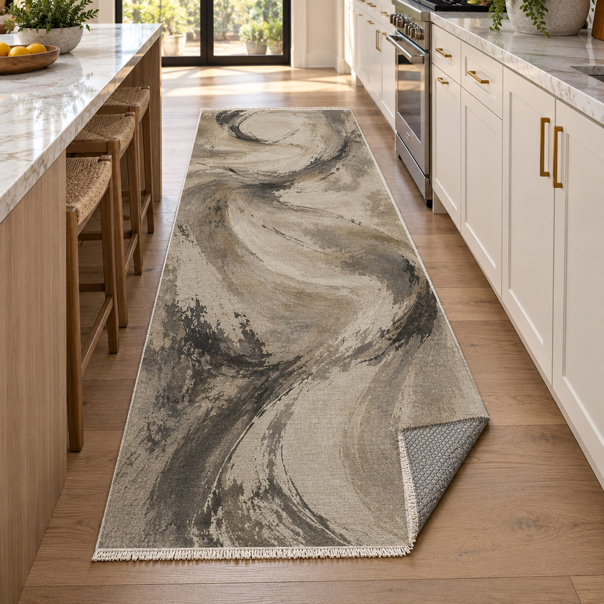 Wind Script Ivory Taupe Abstract Washable Rug — new york kitchen runner