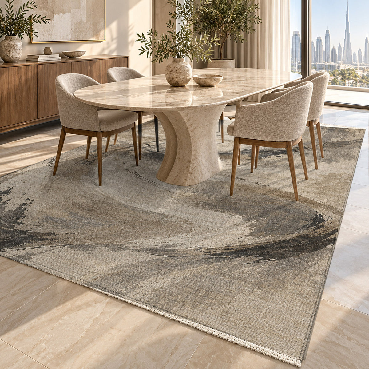 Wind Script Ivory Taupe Abstract Washable Rug — dubai dining