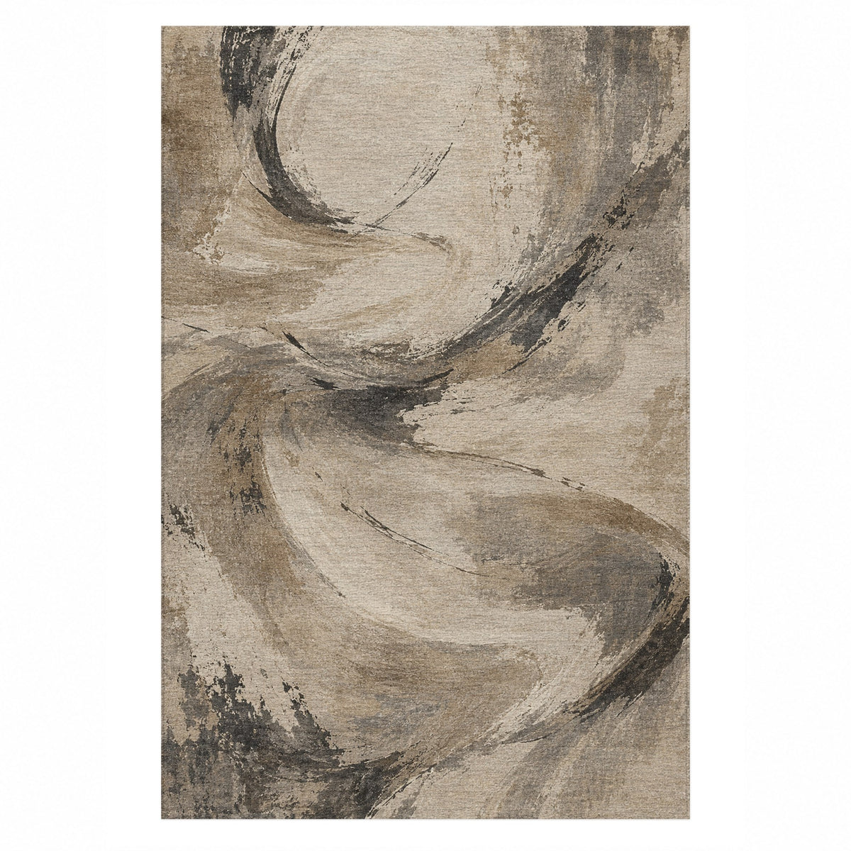 Wind Script Ivory Taupe Abstract Washable Rug — top view