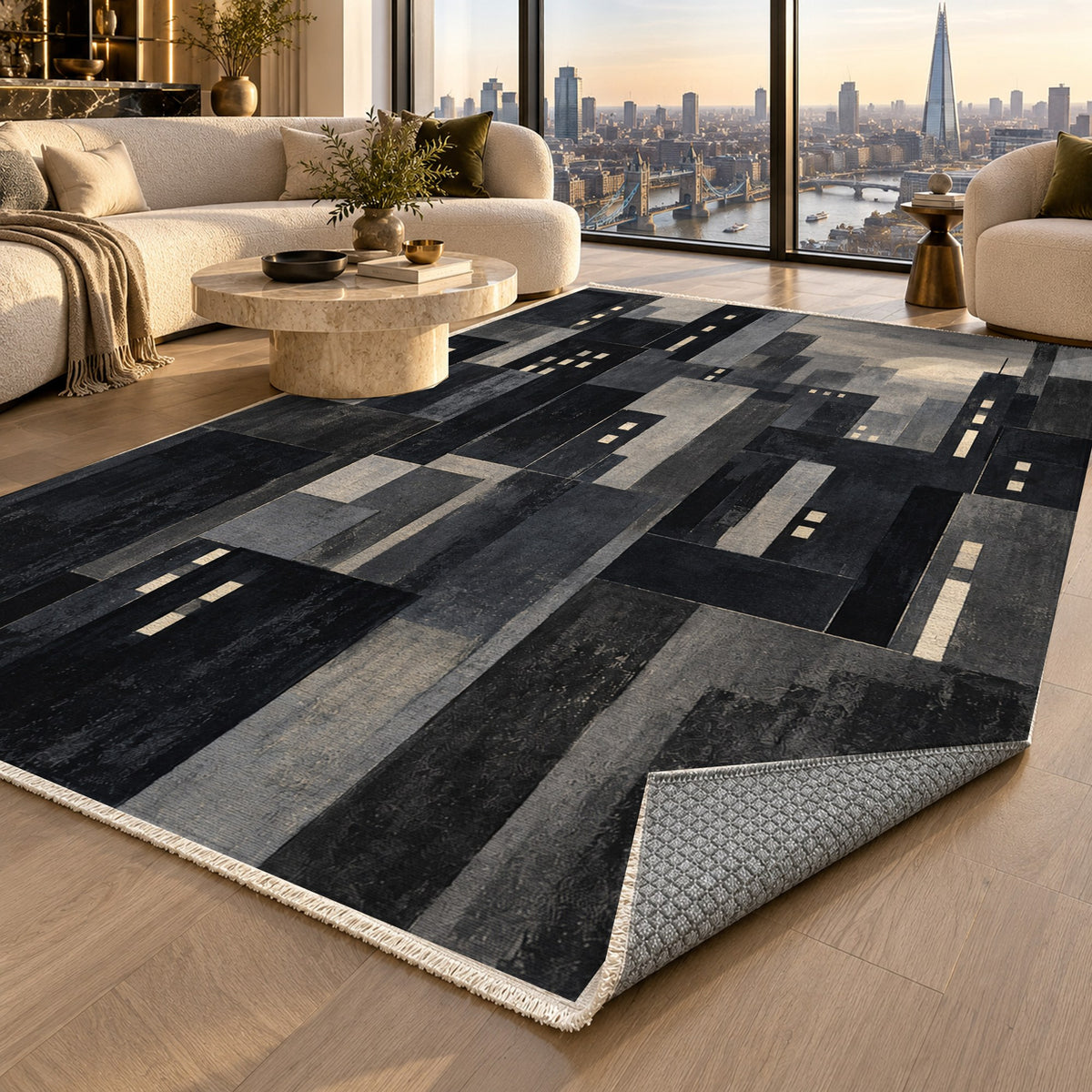 Window Lights Charcoal Modern Washable Rug — london luxury living