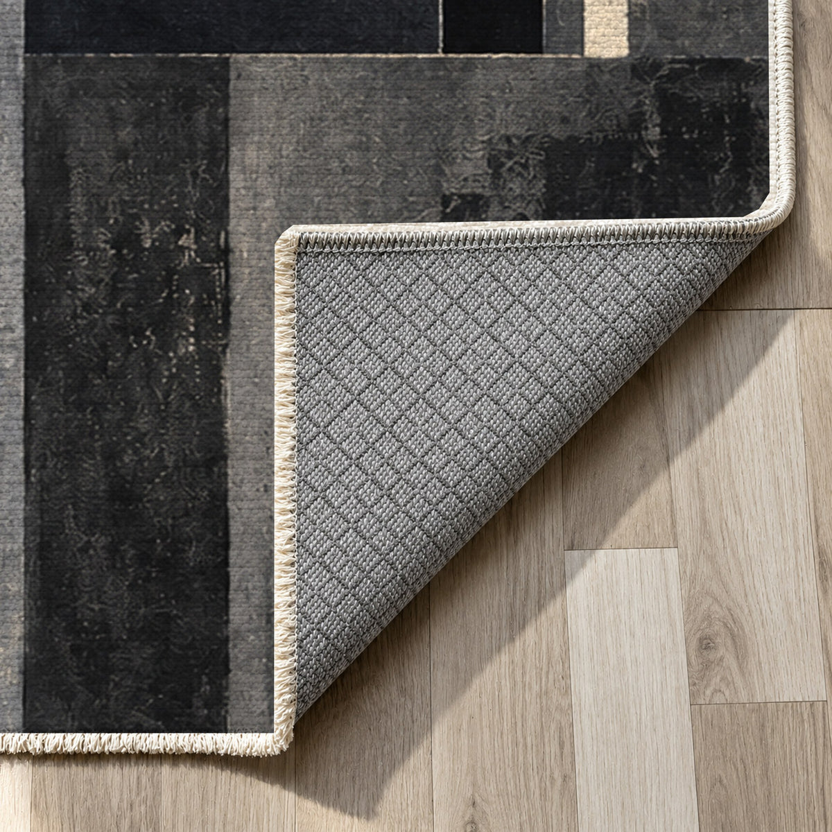 Window Lights Charcoal Modern Washable Rug — backing close up