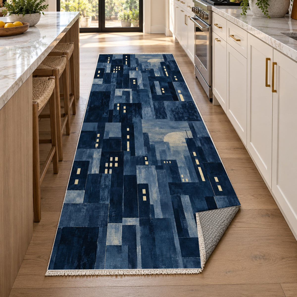 Window Lights Indigo Modern Washable Rug — new york kitchen runner