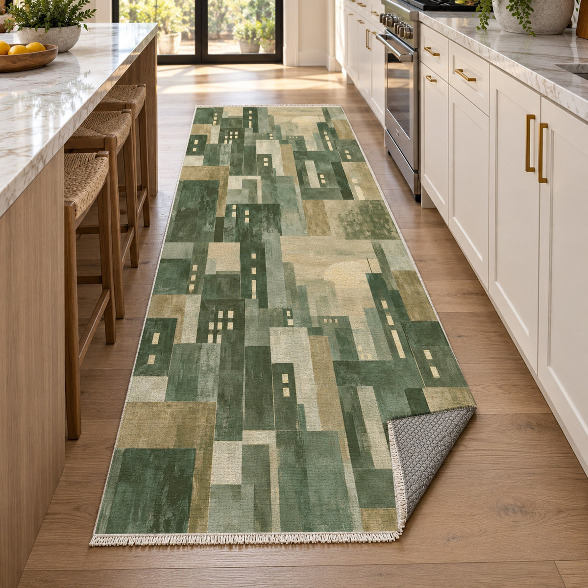 Window Lights Sage Modern Washable Rug — new york kitchen runner