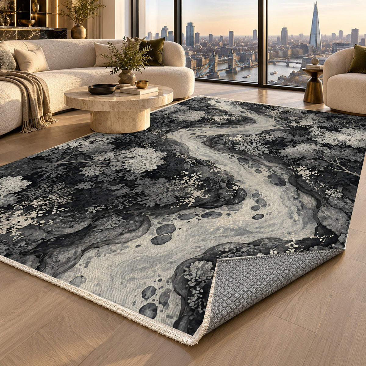Woodland Stream Charcoal Floral Washable Rug — london luxury living