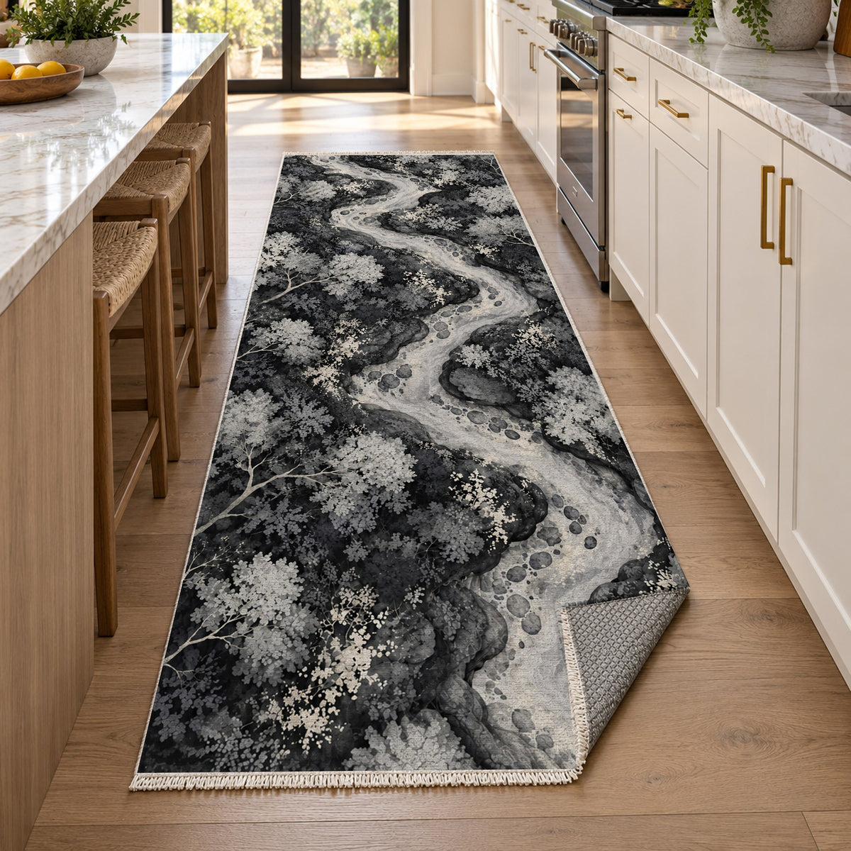 Woodland Stream Charcoal Floral Washable Rug — new york kitchen runner
