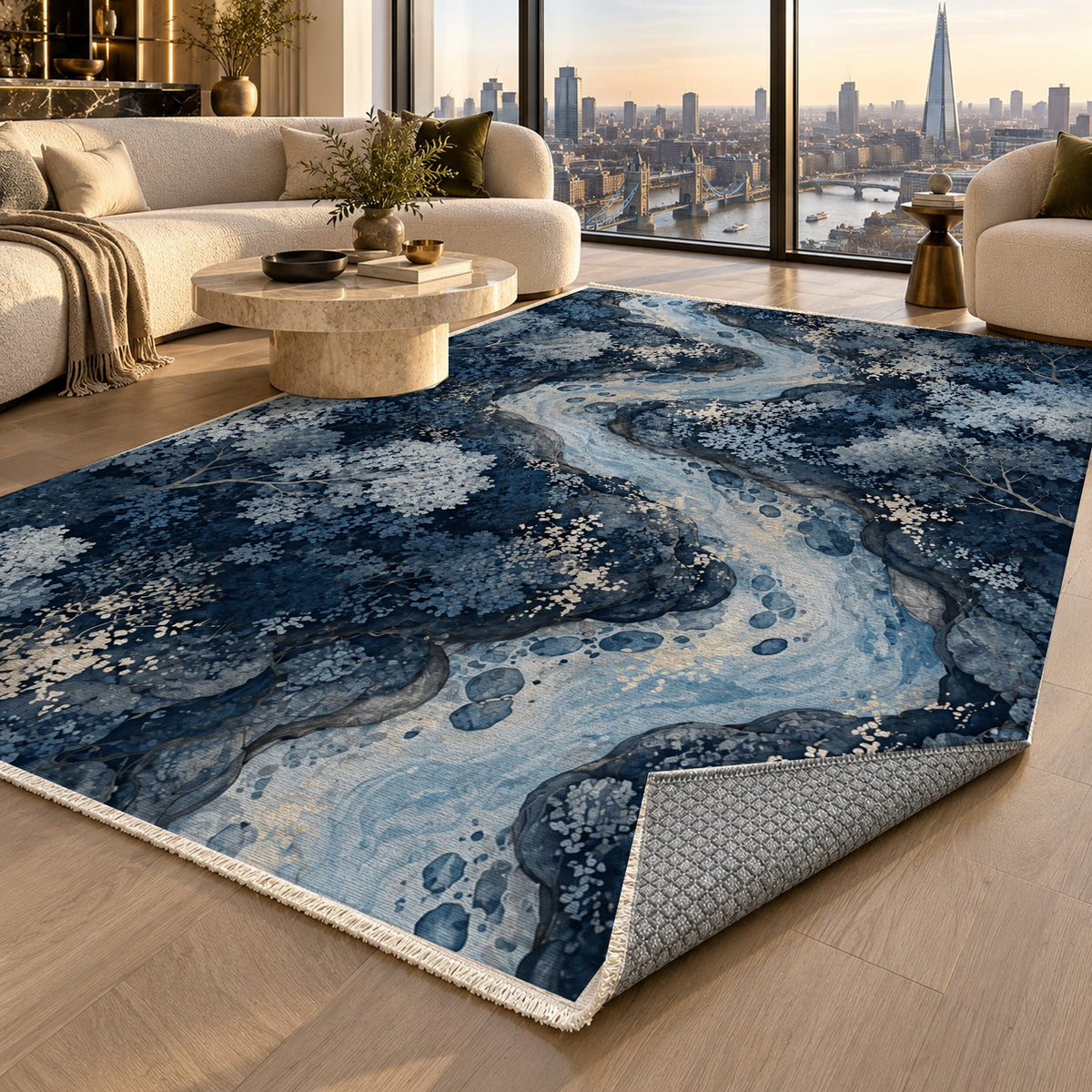 Woodland Stream Indigo Floral Washable Rug — london luxury living