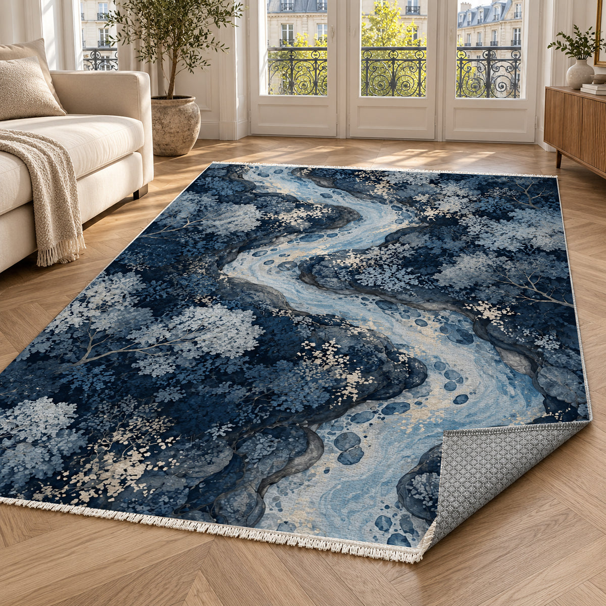 Woodland Stream Indigo Floral Washable Rug — paris living