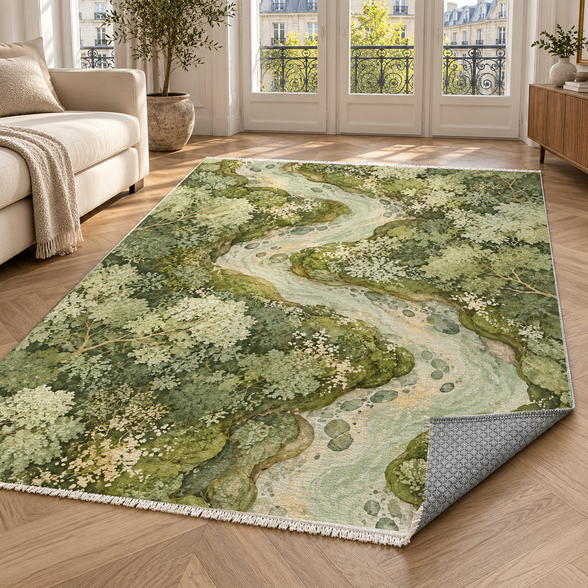 Woodland Stream Sage Floral Washable Rug — paris living