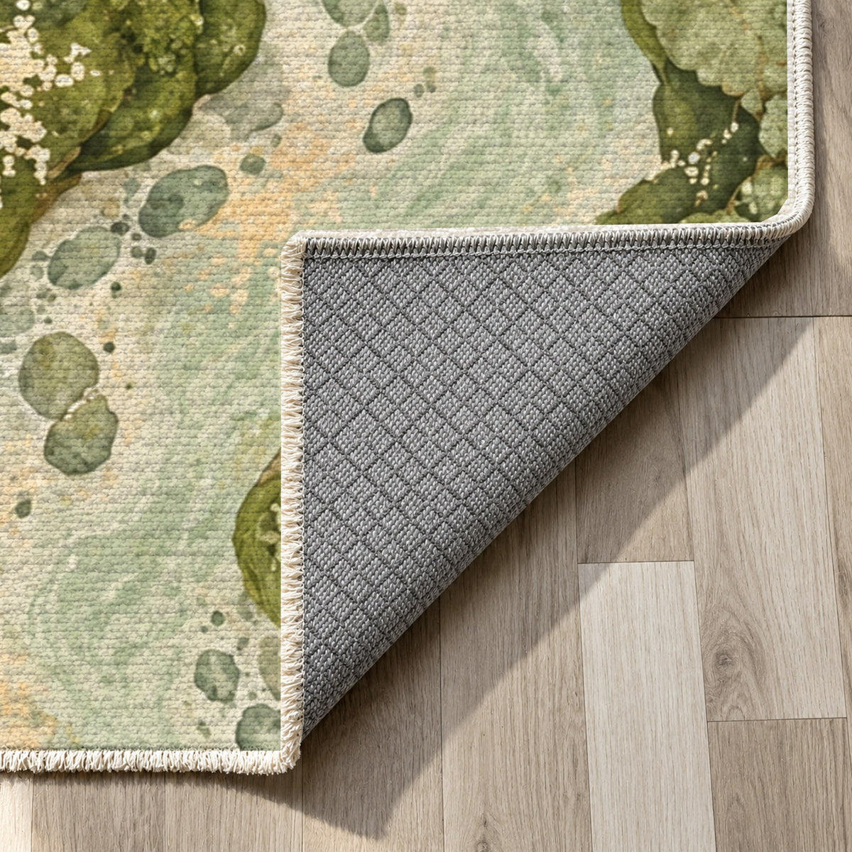 Woodland Stream Sage Floral Washable Rug — backing close up