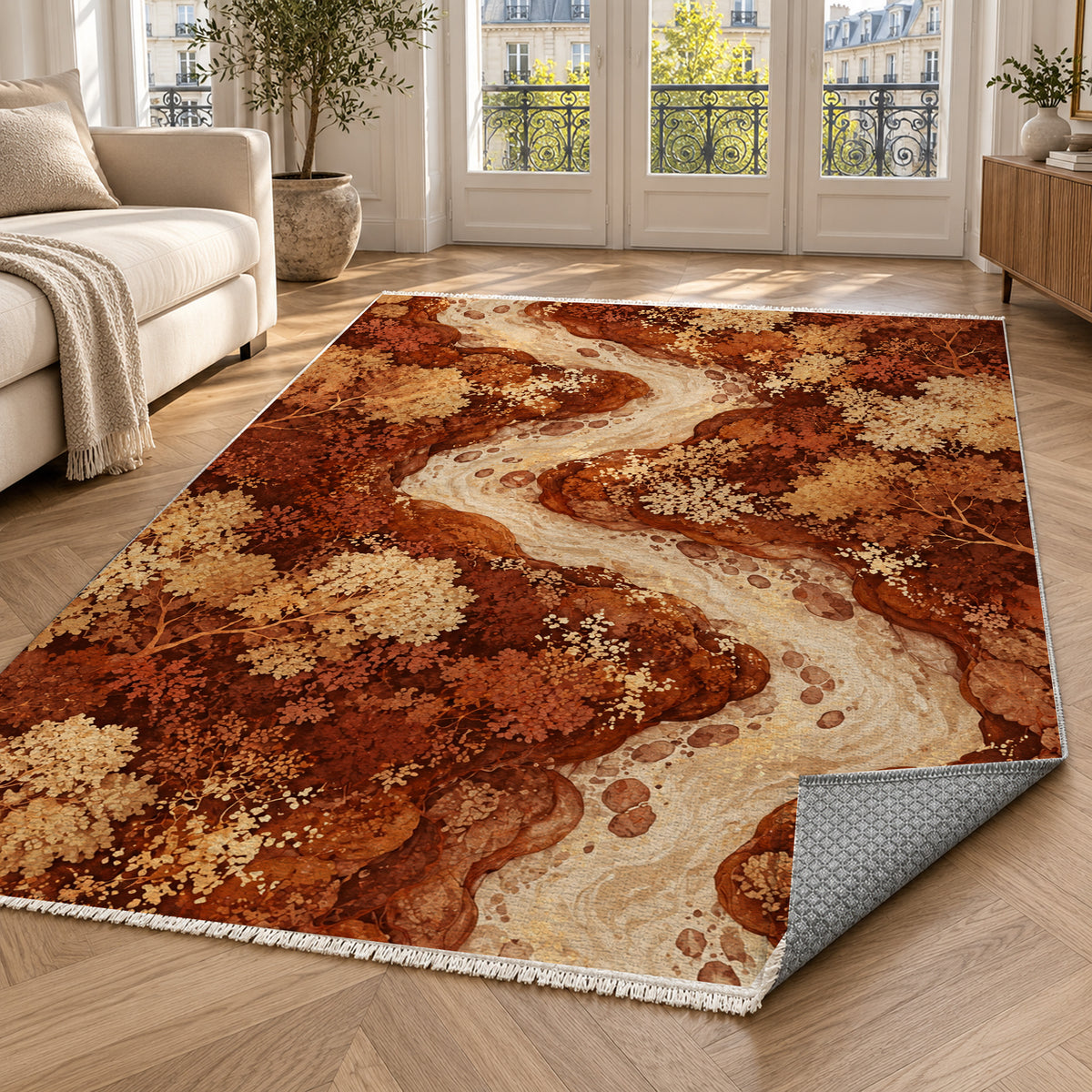 Woodland Stream Terracotta Floral Washable Rug — paris living