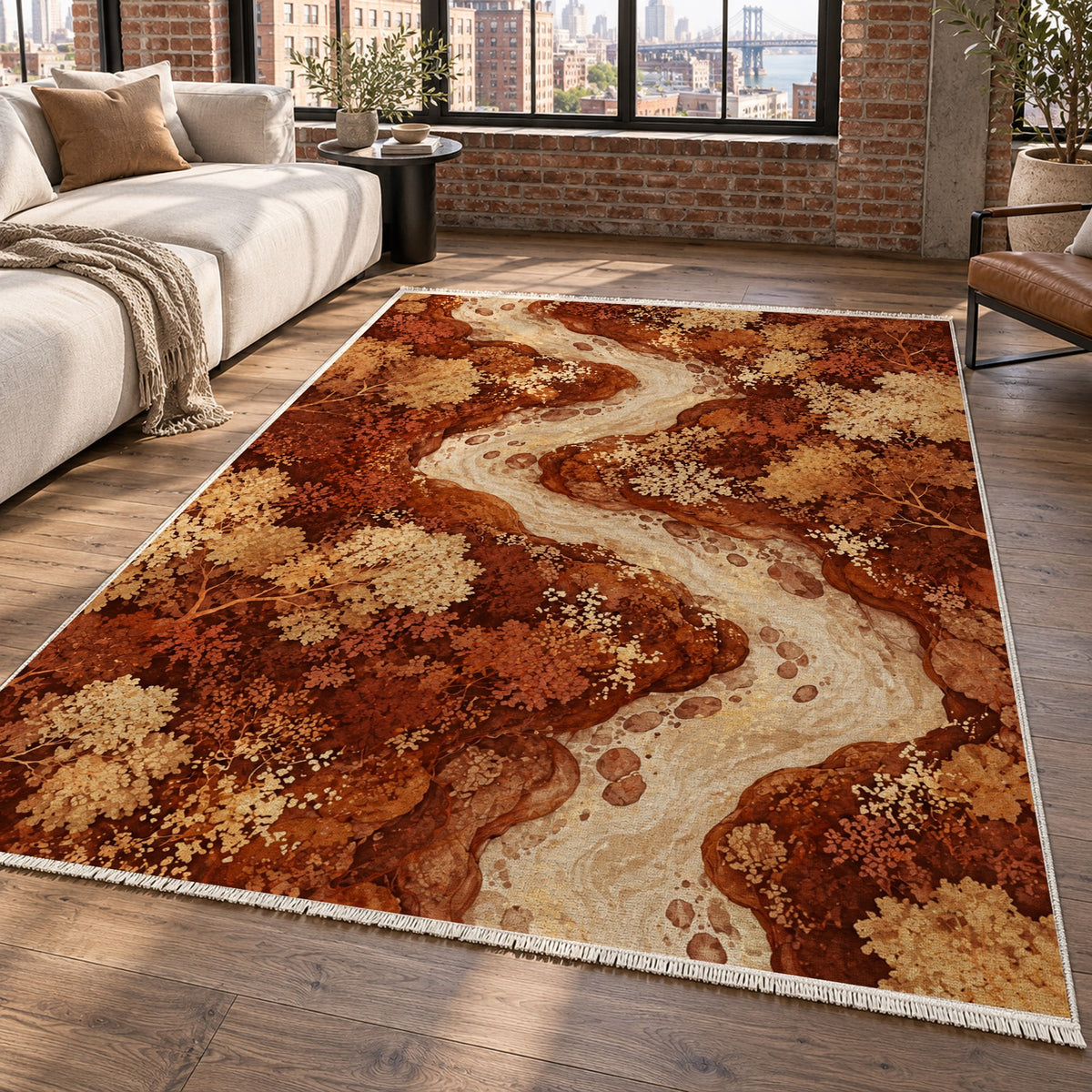 Woodland Stream Terracotta Floral Washable Rug — new york living
