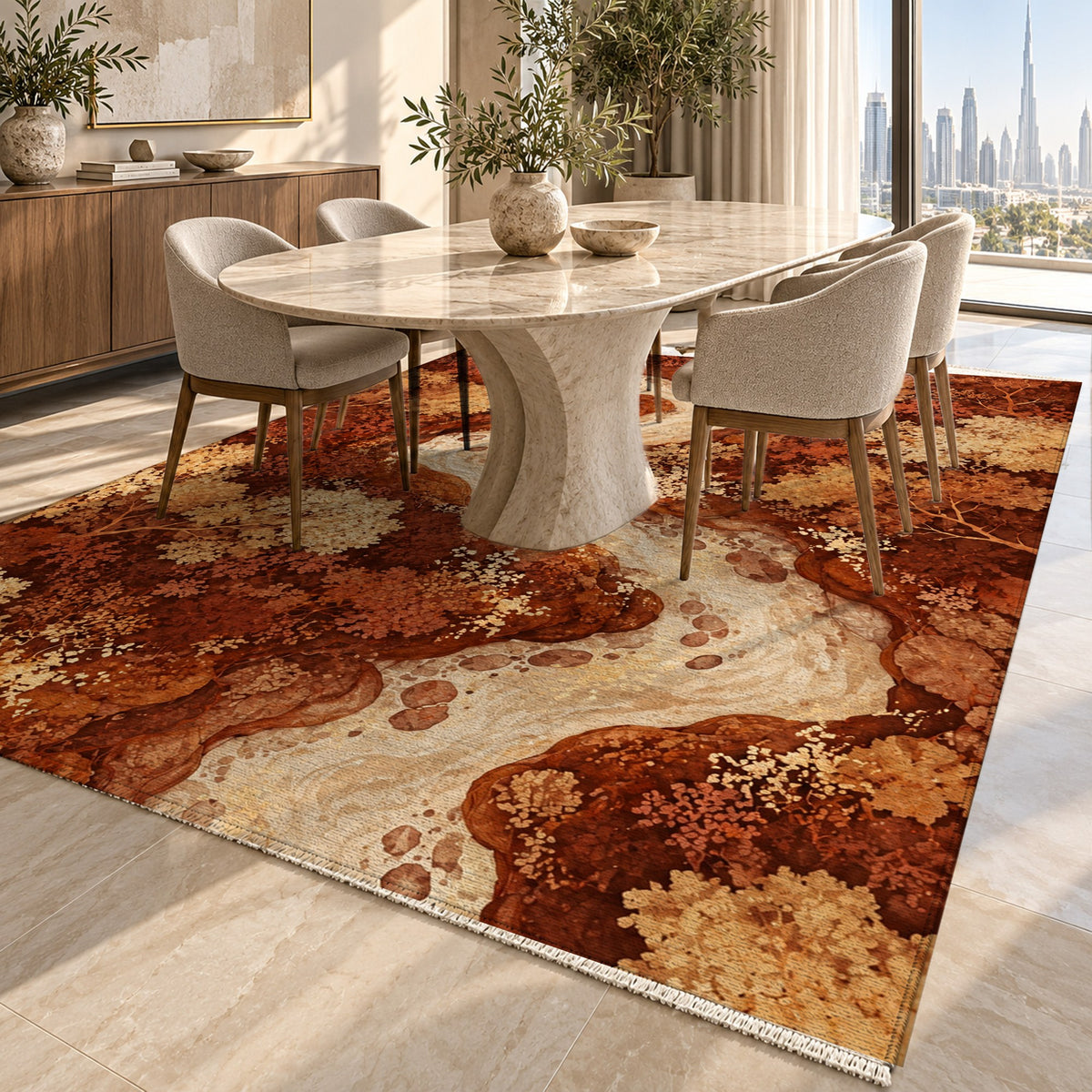 Woodland Stream Terracotta Floral Washable Rug — dubai dining