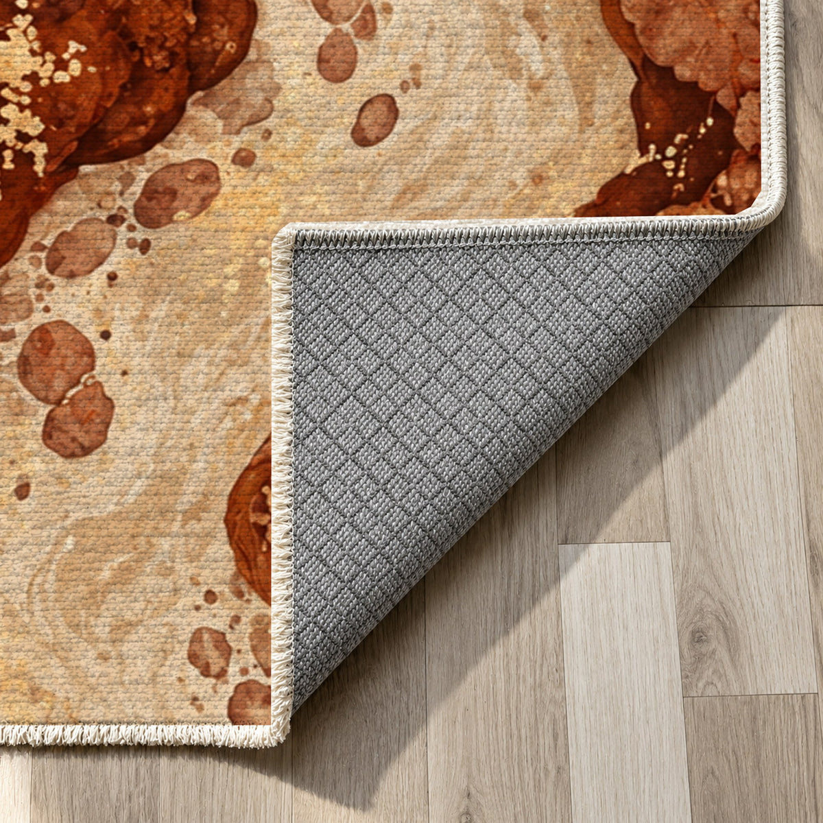 Woodland Stream Terracotta Floral Washable Rug — backing close up