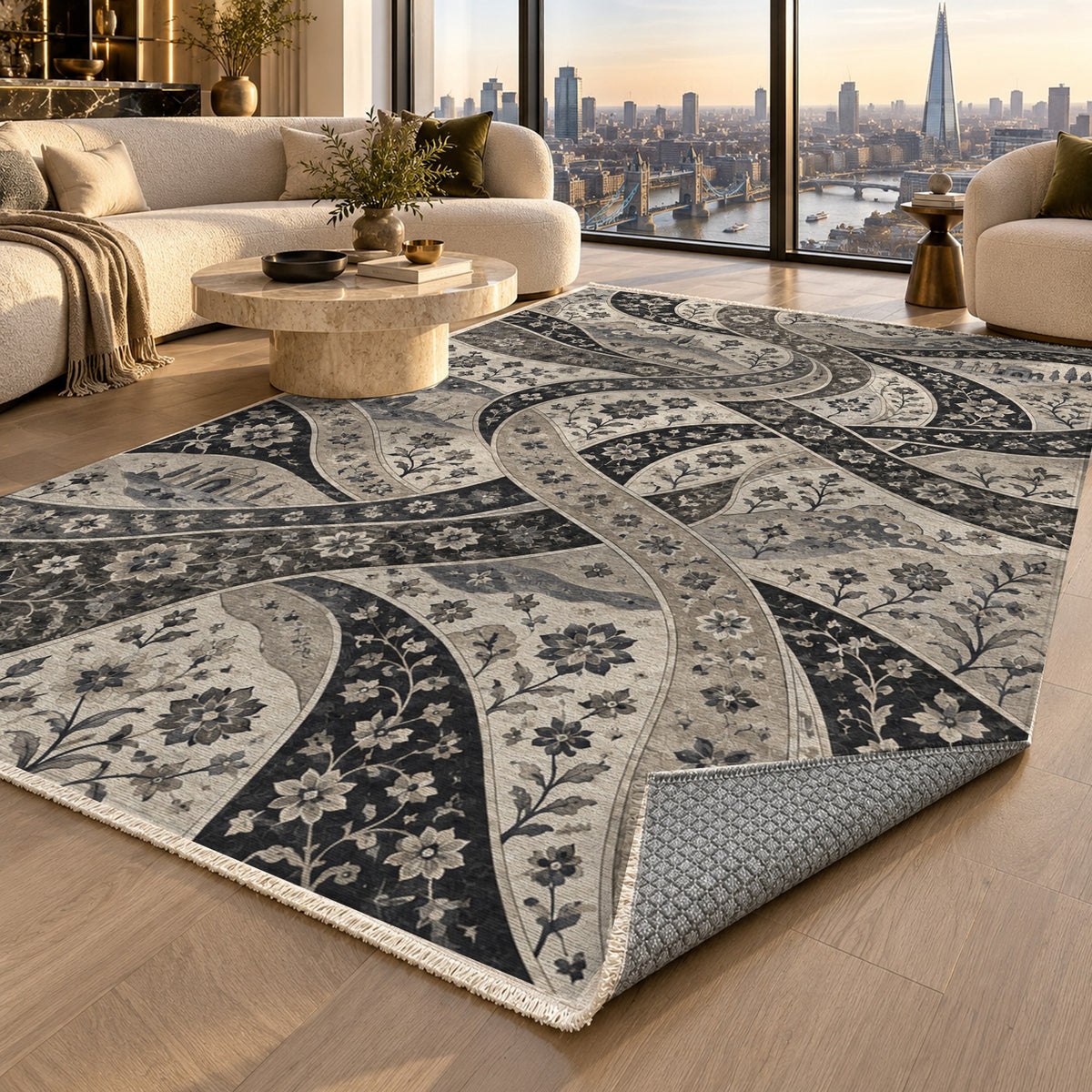 Woven Routes Charcoal Ethnic Washable Rug — london luxury living