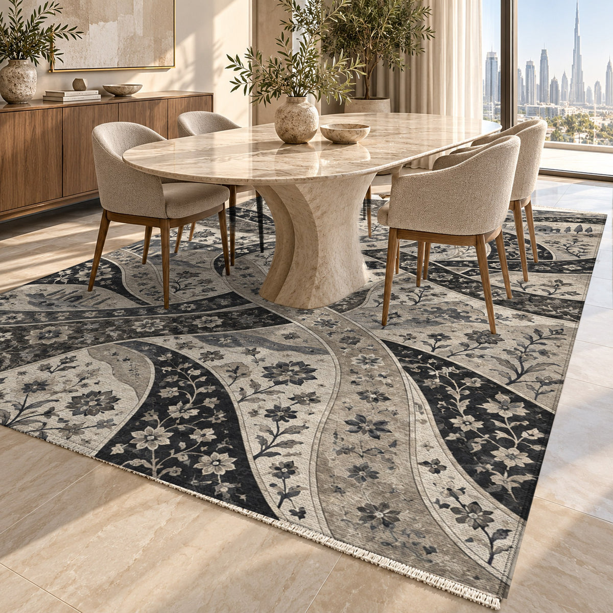 Woven Routes Charcoal Ethnic Washable Rug — dubai dining