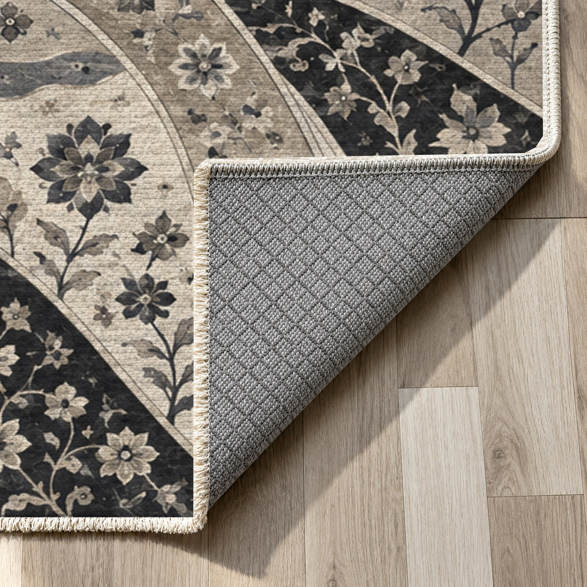Woven Routes Charcoal Ethnic Washable Rug — backing close up