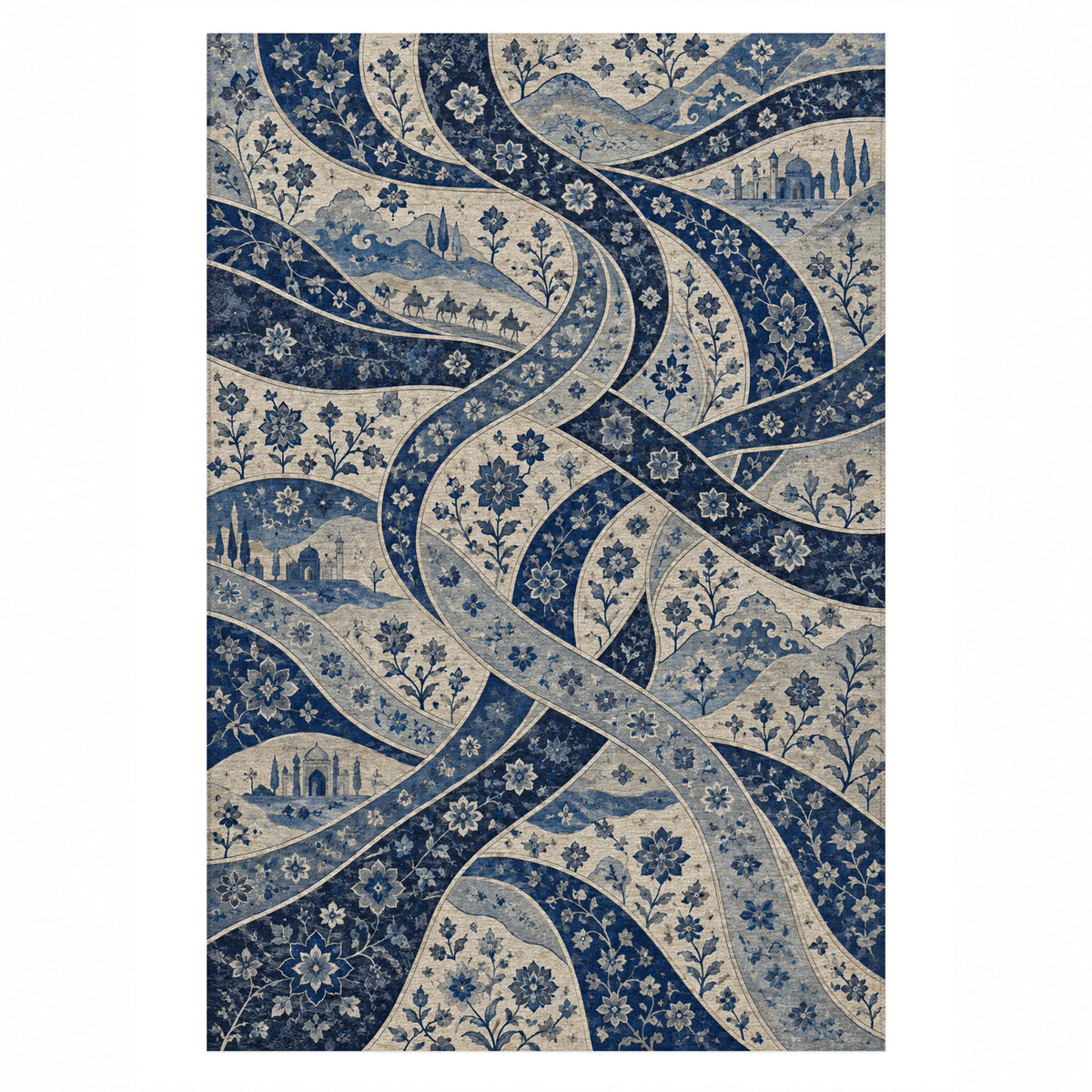 Woven Routes Indigo Ethnic Washable Rug — top view