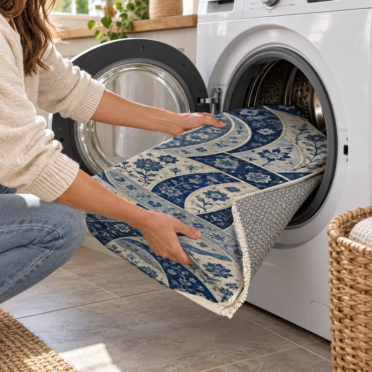 Woven Routes Indigo Ethnic Washable Rug — washing machine