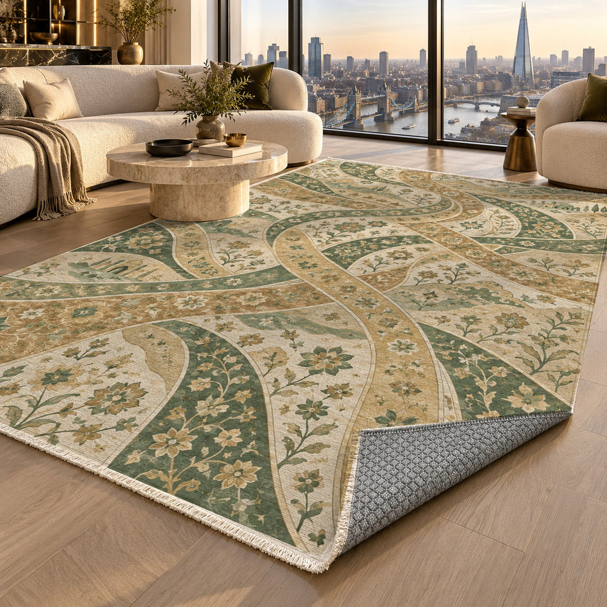 Woven Routes Sage Ethnic Washable Rug — london luxury living