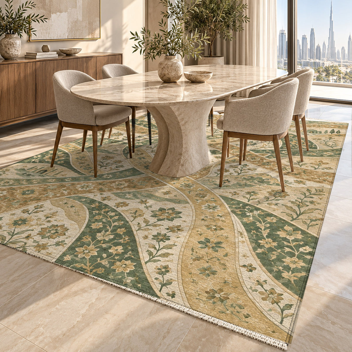 Woven Routes Sage Ethnic Washable Rug — dubai dining